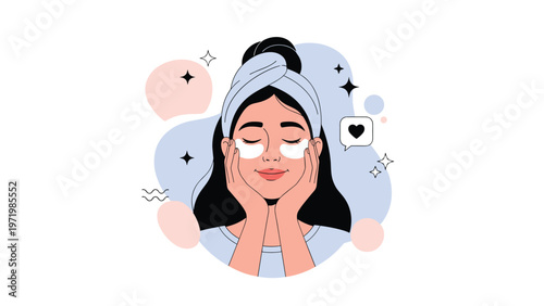 Young woman performing daily skincare routine by applying refreshing hydrogel eye patches for rejuvenation and beauty care.