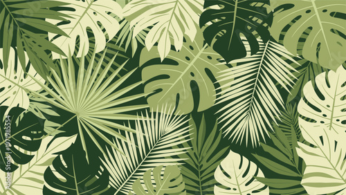 Exotic tropical pattern background featuring lush green monstera and palm leaves for summer jungle aesthetic design.