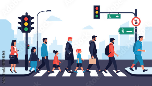 Diverse group of people of various ages walking across city pedestrian crosswalk near traffic lights and road signs.