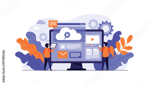 Modern digital marketing and content management concept showing team organizing data and media on a large screen.