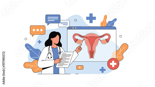 Female doctor specialist presenting the female reproductive system and uterus health using medical reports and screen.