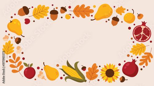 Beautiful autumn harvest frame with seasonal fruits, vegetables, colorful fall leaves, and acorns for celebrations.