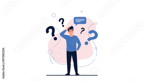 Confused and uncertain man scratching head while surrounded by large question marks representing difficult decisions.
