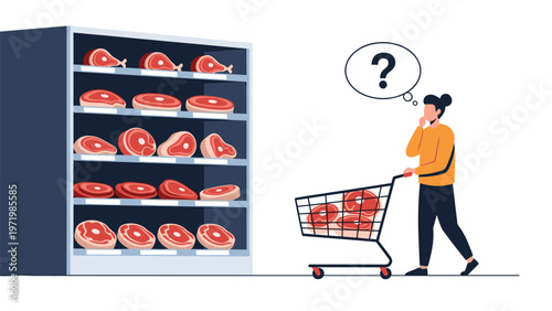 Uncertain woman pushing grocery cart in supermarket meat department while trying to decide on fresh product purchase.