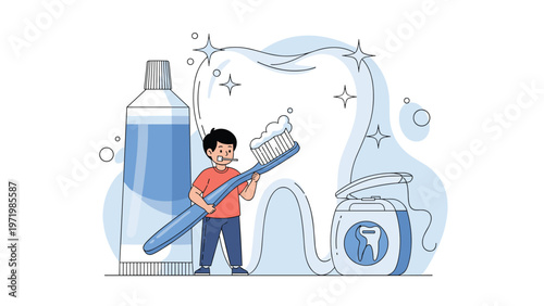 Young boy learning about dental hygiene and oral care by brushing a giant tooth with toothpaste and dental floss.