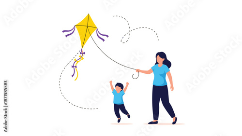 Happy mother and young son playing together outdoors while flying a bright yellow kite on a sunny day in the park.