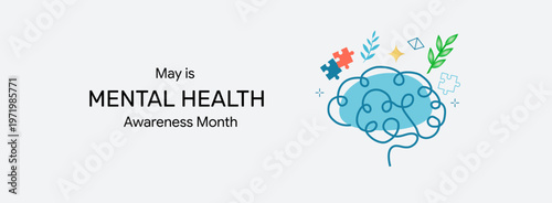 May is Mental Health Awareness Month banner. Psychotherapy concept illustration.