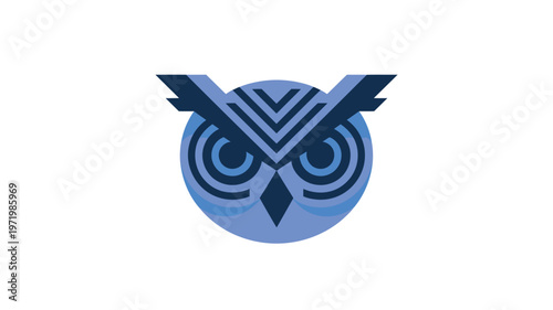 Stylized abstract blue owl face with geometric patterns and sharp wing details isolated on transparent background