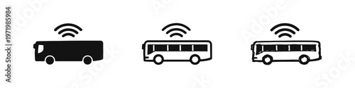 Front view bus with WiFi signal icon set, representing onboard internet connectivity for urban transit.