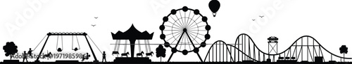 Amusement park silhouette illustration, Ferris wheel, roller coaster, carousel, swing ride, hot air balloon, fun fair vector artwork