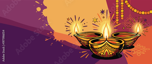 Diwali Beautiful Earthen Lamps with Soft Background and Festive Elements