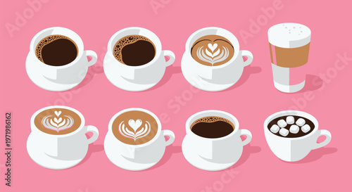 Isometric vector illustration of various hot coffee and chocolate beverages