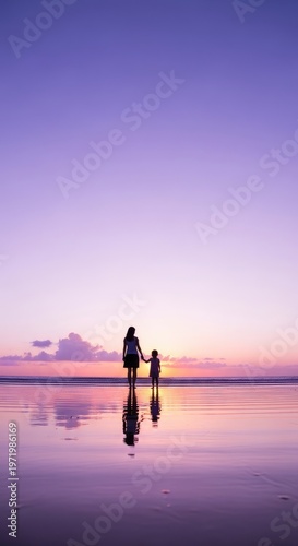 Woman and child holding hands on beach at sunset mother's day background wallpaper poster banner download 2026 2027