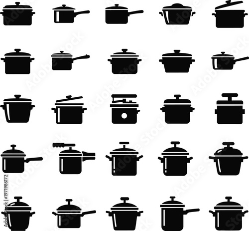 Variety of pot and pan icons for cooking with stock pot with frying pan with pressure cooker with design eleme