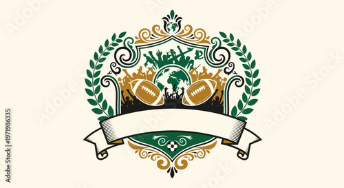 American Football Emblem with Global Celebration and Laurel Wreath