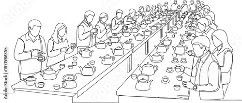 people sitting at a long table eating