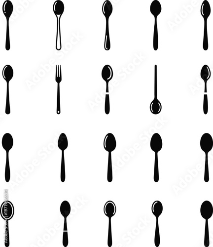 Assortment of spoon and fork icons with soup spoon with dessert spoon with serving spoon with design element