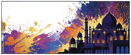 Diwali Celebration Palace Silhouette with Festive Lighting and Colorful Splashes