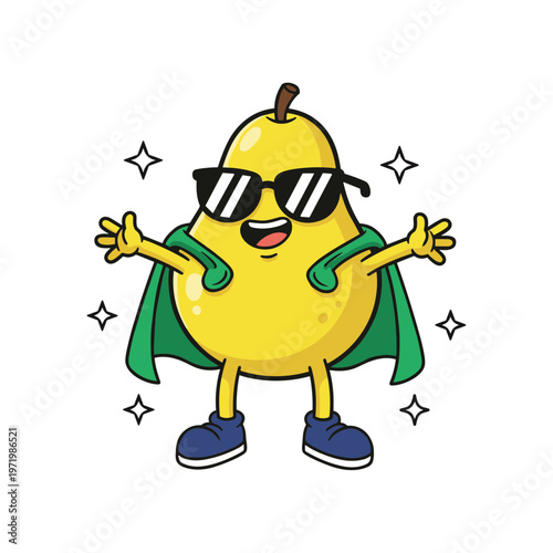 Superhero Pear Character with Sunglasses and Green Cape, Funny Fruit Mascot Wearing Blue Sneakers and Posing Heroically, Healthy Food Power Concept