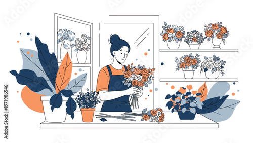 Skillful florist arranging a beautiful bouquet of roses in a bright flower shop surrounded by various potted plants and decorative shelves.