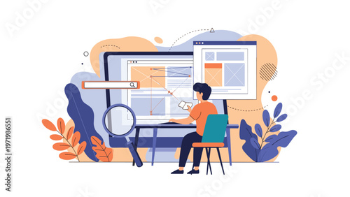 Young professional designer working at a desk on complex website wireframes and digital user interface prototypes on a large computer screen.