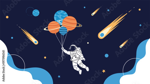 Astronaut floating in the deep blue of outer space while holding several planet-shaped balloons among shooting stars and celestial bodies.