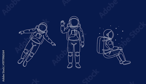 Astronaut Character Poses in Space One Line Drawing Style, Spaceman Floating Walking and Sitting in Galaxy, Cosmic Exploration and Science Concept