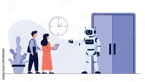 Advanced white robot greeting a man and woman at the entrance of a modern building with a clock showing the time for a scheduled meeting.