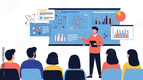 Professional man giving a data analysis presentation with colorful charts and graphs to a seated audience in a corporate conference room.