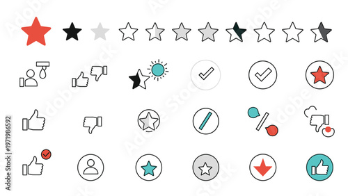 Diverse collection of rating stars, thumbs up and down symbols, checkmarks, and feedback icons for customer review and evaluation systems.
