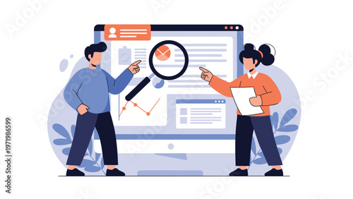 Team of business analysts studying data charts and reports on a large computer monitor using a magnifying glass.