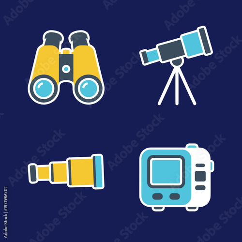 Optical Observation Instruments Icons Set with Binoculars Telescope and Monocular, Professional Vision and Exploring Tools Vector Illustration