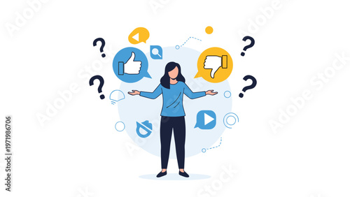 Confused woman making decision between positive and negative feedback with social media like and dislike icons around her.