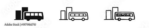 Bus in urban setting or city bus station icon set, representing public transit infrastructure and city life.