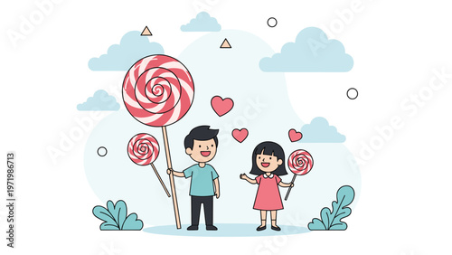 Two happy children enjoying sweet treats while holding giant swirl lollipops in playful outdoor park setting with hearts.