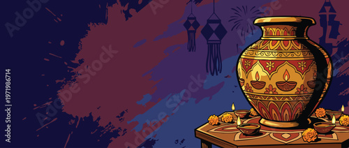 Diwali Celebration with Decorative Urn and Traditional Lamps