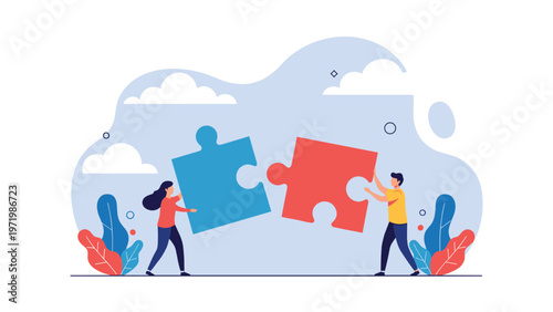 Teamwork and strategic collaboration concept showing two people working together to connect giant matching puzzle pieces.