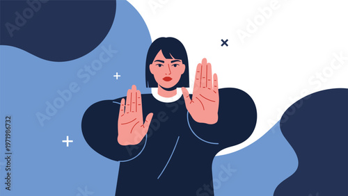 Serious young woman holding out both hands in stop gesture to show rejection refusal and boundaries for personal space.