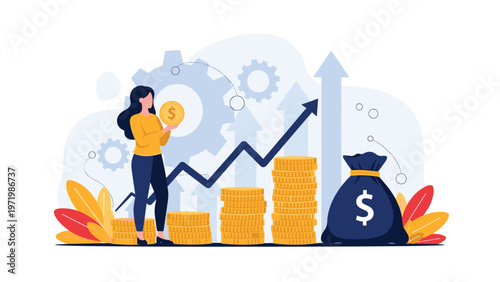 Financial growth and investment success concept with woman holding large gold coin next to stacks of money and bag.