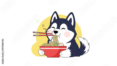 Adorable cartoon husky dog enjoying big bowl of delicious ramen noodles with chopsticks and happy facial expression.
