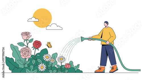Happy gardener watering beautiful flower garden with hose on sunny day to maintain healthy roses and daisies in the yard.