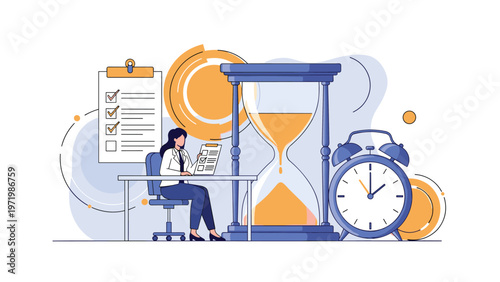 Effective time management and deadline pressure concept with professional woman working near giant hourglass and clock.
