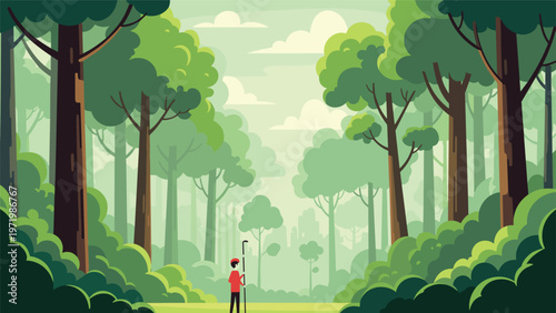 Peaceful hiker standing in middle of dense green forest with tall trees and thick foliage for nature exploration.