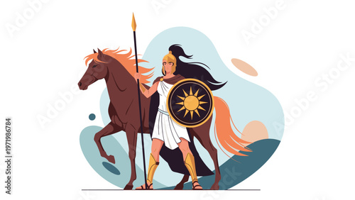Powerful ancient greek warrior goddess standing heroically with golden spear and shield beside her faithful horse.
