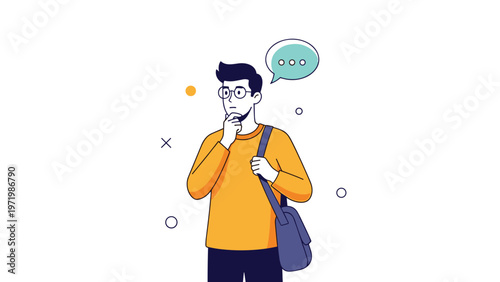 Thoughtful young man with glasses wearing orange sweater and backpack while pondering ideas with speech bubble.