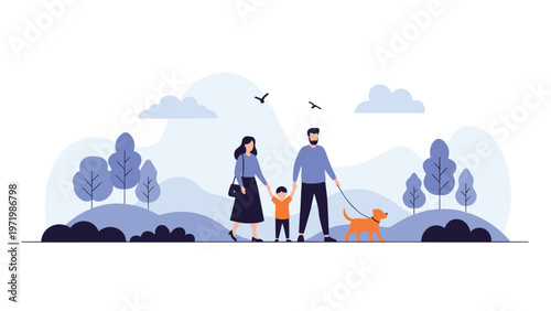 Happy family with small child and pet dog enjoying peaceful stroll through beautiful blue toned park landscape.