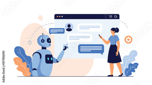 Woman using a digital screen to communicate with a friendly artificial intelligence service robot representing automation and support.