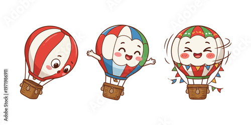 Three Cute Cartoon Hot Air Balloon Characters with Funny Faces and Expressions, Happy and Excited Flying Balloon Vector Illustration for Children