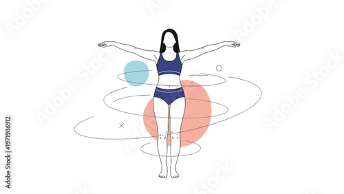 Fit woman in athletic wear performing physical exercises with circular motion lines representing dynamic energy and a healthy lifestyle.