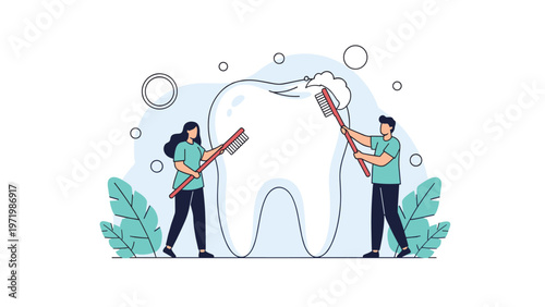 Pair of dental healthcare professionals cleaning a giant tooth using oversized toothbrushes representing oral hygiene and preventative care.